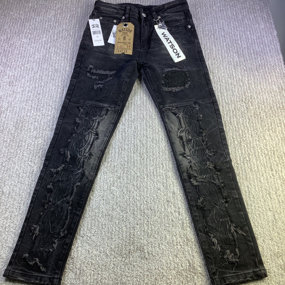 Watson Denim Jeans Mens 28 x 28.5 Black Distressed Ripped Slim Fit NWT‎